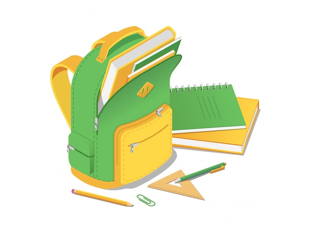 School bag with book and notebook and school supplies in isometric isolated