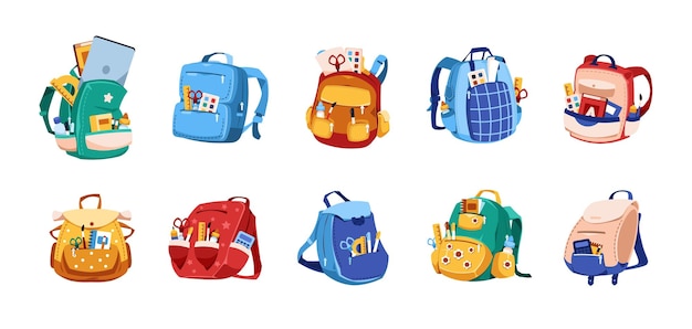 School bags Cartoon backpack with education supplies and stationery Notebook pencil ruler equipment in satchel Rucksacks collection Students or pupils knapsacks Vector isolated schoolbags set