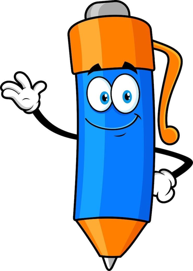 Vector school ballpoint pen cartoon character waving for greeting