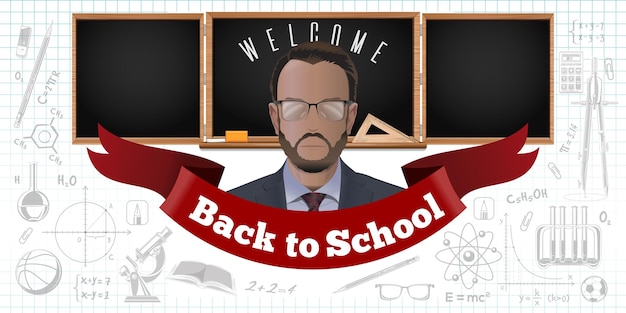 School banner concept design. Strict teacher with glasses on a blackboard background. Back to school