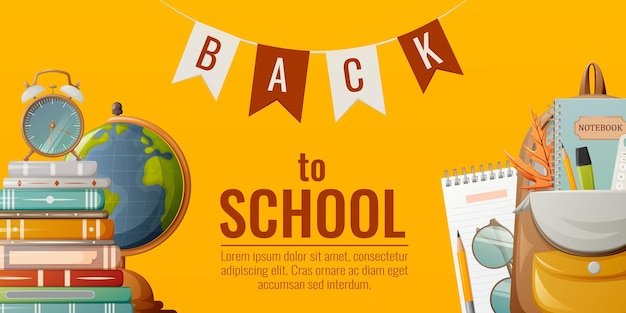 School banner. Desktop globe, stack of books with alarm clock, backpack and stationery, glasses
