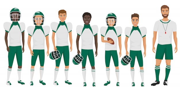 Vector school basketball team guys standing with their coach trainer. cartoon flat  illustration.