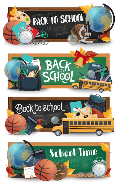 School blackboard, education supplies, bus banners