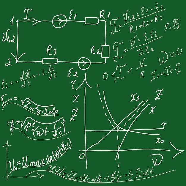Школьная доска на фоне математических уравнений и формул Рисованные схемы Doodle