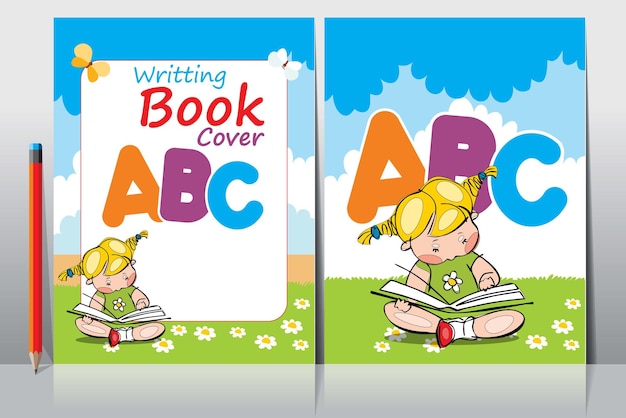 School book cover design. cartoon background with realistic pencil.