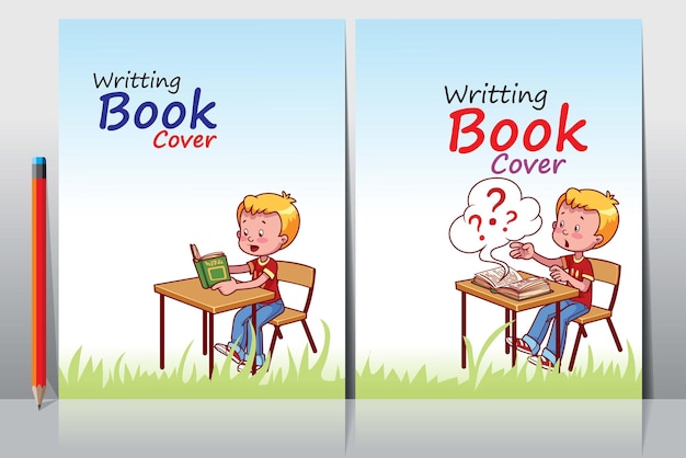 School book cover template with kids cartoon background and pencil.