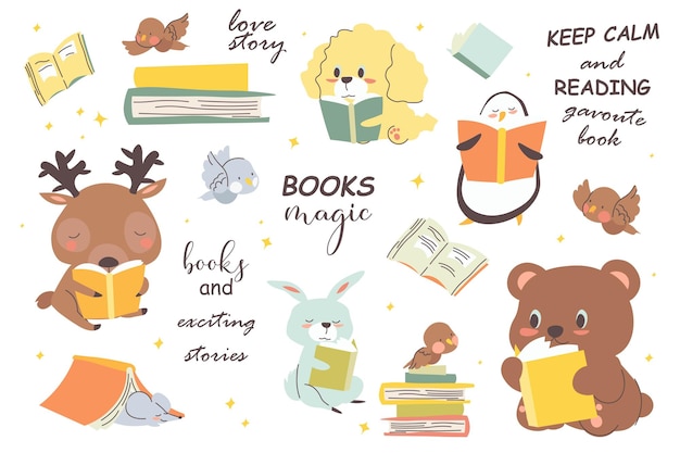 School books set in cartoon animal style This flat design illustration embraces minimalism