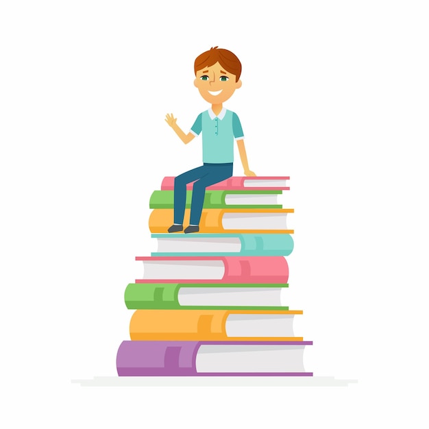 Vector school boy  characters of happy child sitting on books