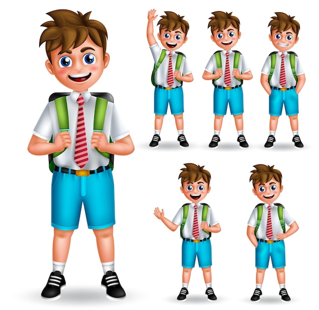 School boy characters vector set Student 3d male character in standing