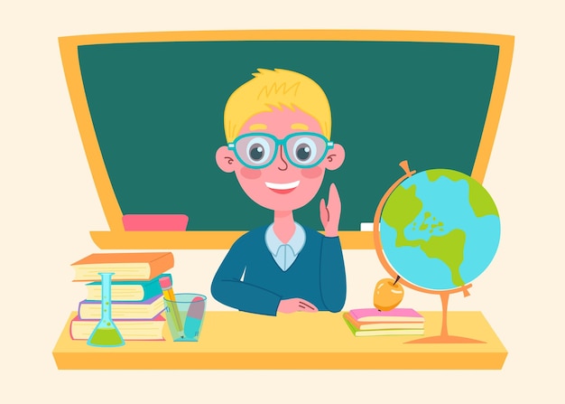 Vector school boy in class with a blackboard back to school concept cute characters vector illustration in flat style