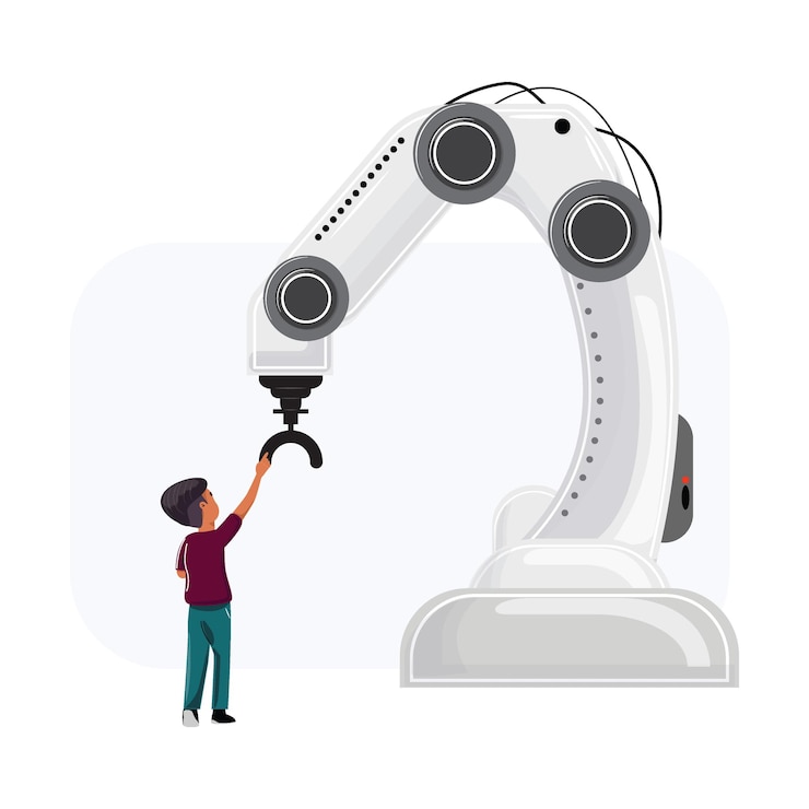 Vector school boy gesturing towards industrial robot arm symbolizes tech educationxa