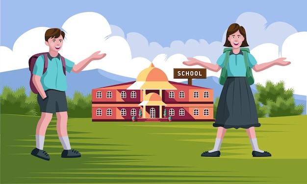 School boy and girl standing in uniform in front of school building