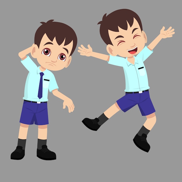 制服を着た男子生徒は、幸せなジャンプと不幸な悲しいまたは混乱した表情の異なるアクションポーズを持っています
