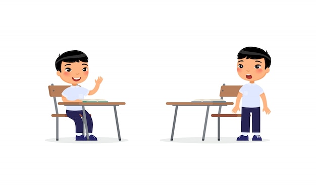 Vector school boy raising hand in classroom for answer, cartoon characters. elementary school education process.