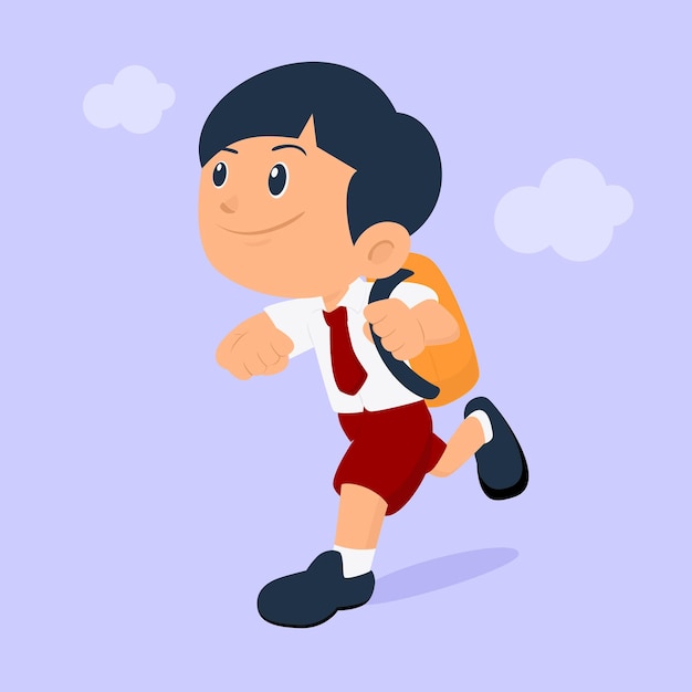 Vector school boy student running while carrying shoulder bag