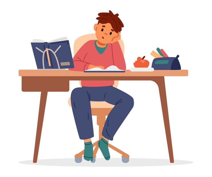 Vector school boy studying at home making homework sitting at desk and reading