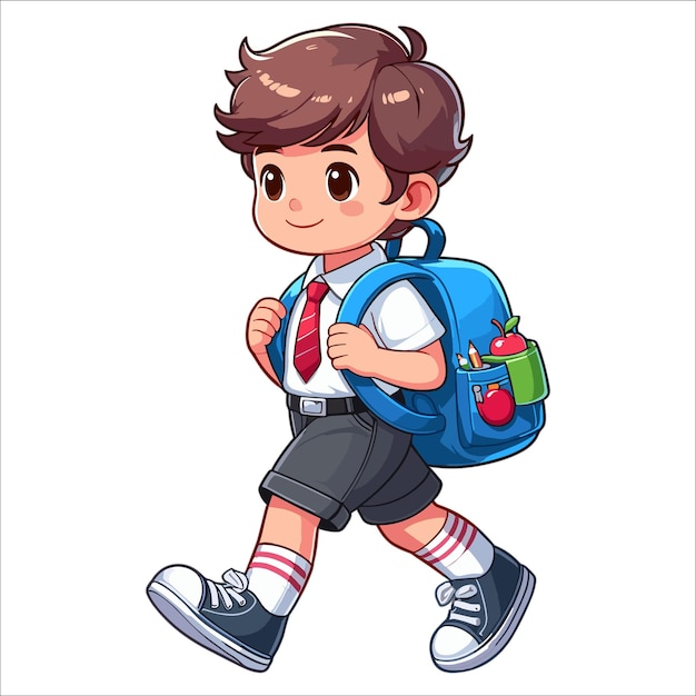 Школьник, идущий с сумкой, изображает мультфильм на белом фоне