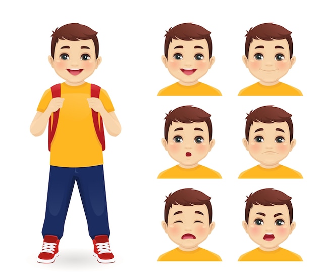 School boy with backpack emotions set isolated vector illustration