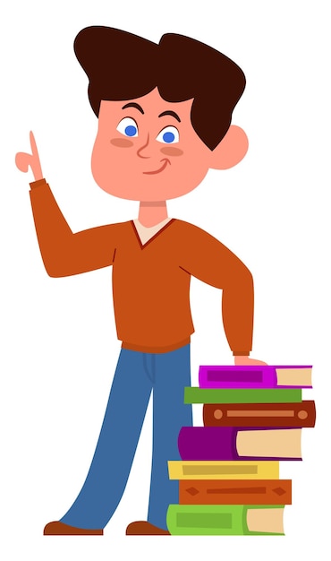 School boy with book stack smart kid character