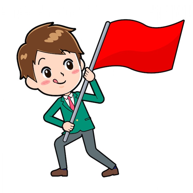 Un ragazzo della scuola con una bandiera rossa