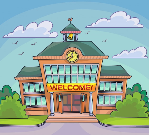 School building bright cartoon illustration vector