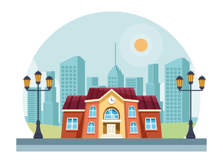Vector school building in the city scenery