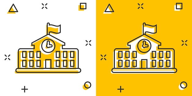 School building icon in comic style college education vector cartoon illustration pictogram bank government business concept splash effect