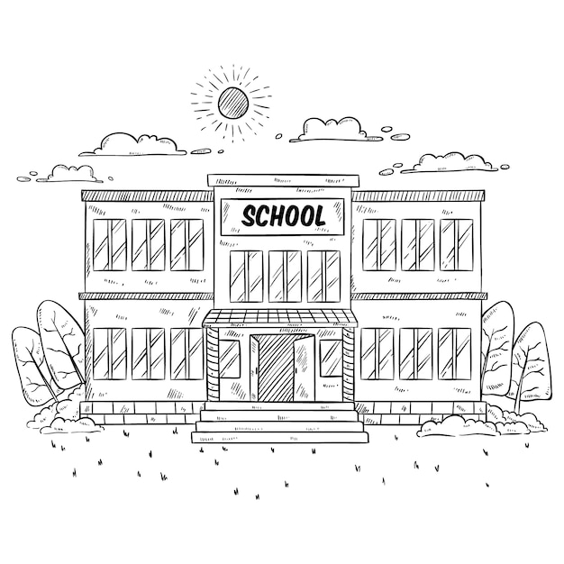 School Building Illustration With Hand Drawn or Sketchy Style on White 