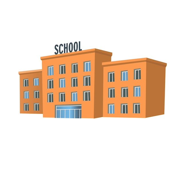 School building in perspective in flat cartoon style