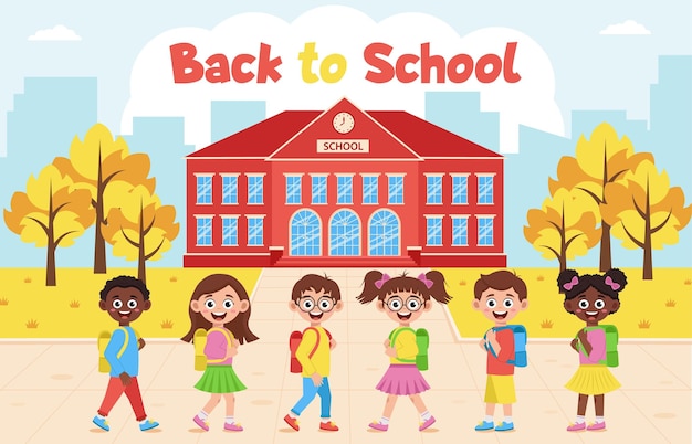 school building and schoolchildren cityscape back to school school with autumn landscape