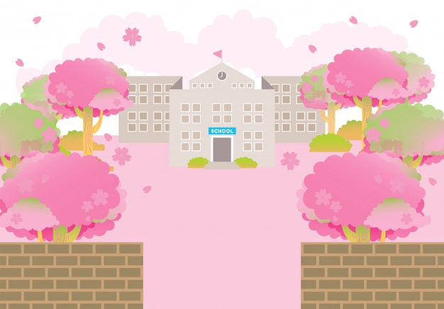 School building spring pink sakura tree graduation ceremony season