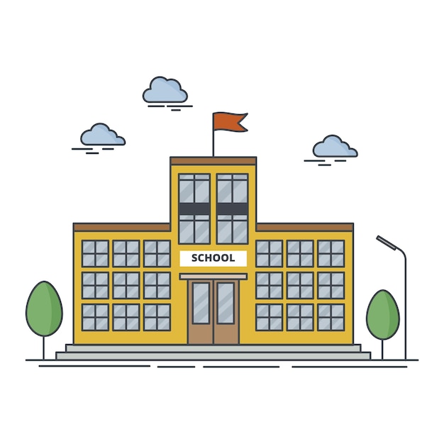 School building with trees isolated on white background Outline vector illustration in cartoon style