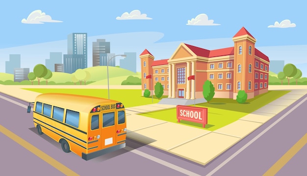 Vector school building with a yellow school bus in perspective