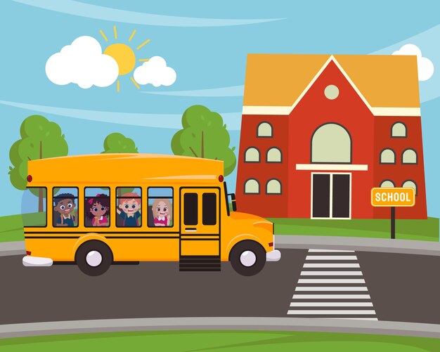 Vector school building and yellow bus with kids in the scene