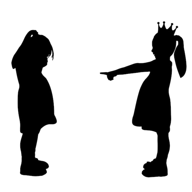 Издевательства в школе девушка указывает пальцем на другую плачущую девочку концепция издевательства вектор силуэта