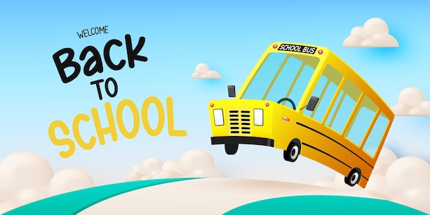 Vector school bus 3d art style driving on the road with beautiful sky background vector illustration