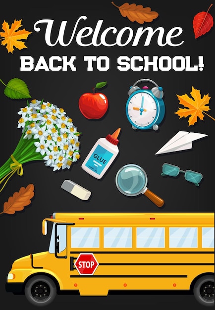 Школьный автобус и образовательные принадлежности на доске