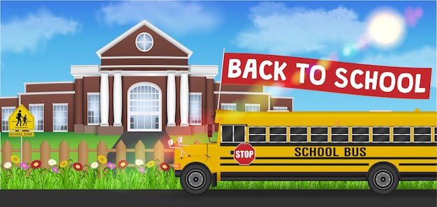 Scuolabus e ritorno a scuola bandiera davanti a scuola