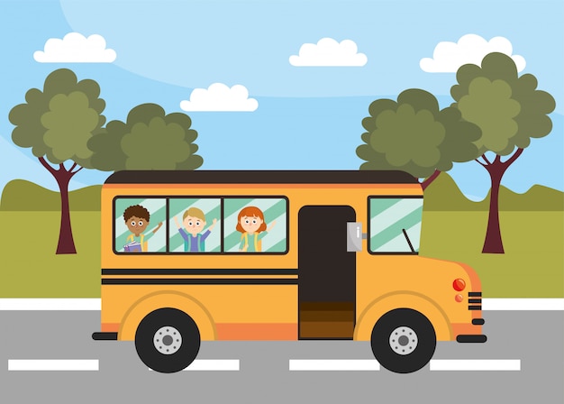 School bus education vehicle with students