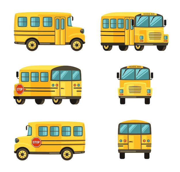 School bus from different angles. Yellow vehicle for transporting school children