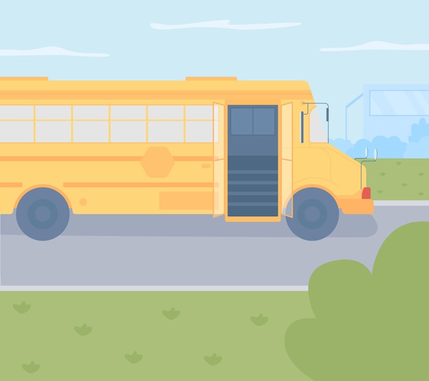 School bus outdoors flat color vector illustration. back to school time. transportation for students to public preschool. daytime 2d cartoon landscape with outside scenery on background