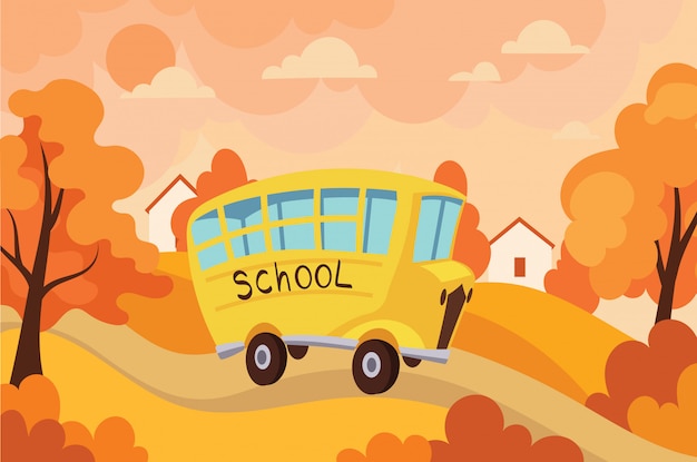 아이들과 함께 학교에 여행하는 스쿨 버스. 학생과 노란색 버스의 그림입니다.