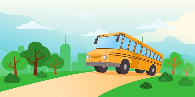 School Bus On The Way To School Scene Vector Illustration