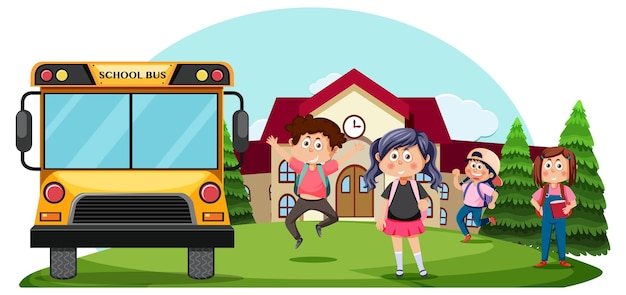 School bus with children cartoon character