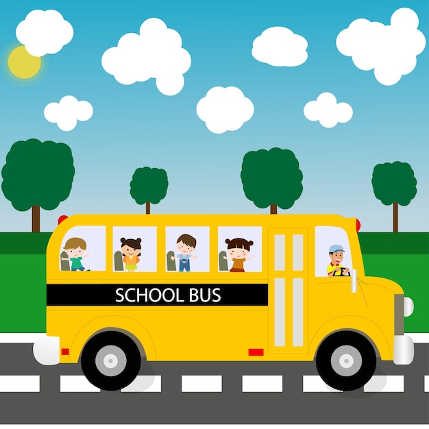 子供と道路を乗ったスクールバス