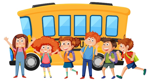 Vettore scuolabus con cartoni animati degli studenti