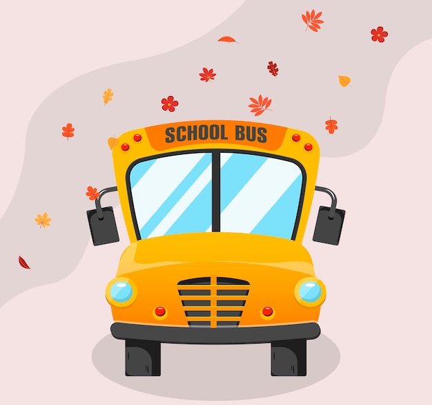 School bus with wind and autumn leaves on pink background