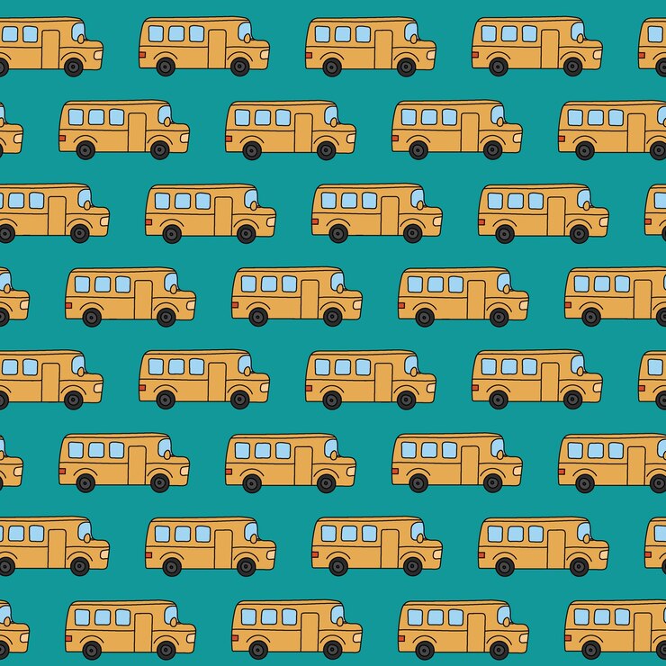 Vector school buses pattern hand drawn doodle elements school seamless green background with yellow bus
