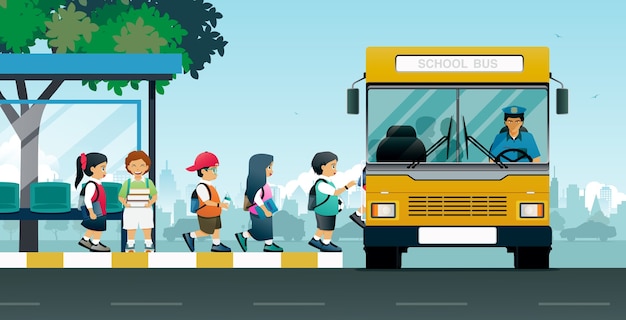 school buses pick up students at the bus stop