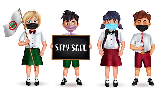学校のキャラクターのベクトルセット学校に戻る3Dキャラクターを身に着けているフェイスマスクを保持して安全に滞在